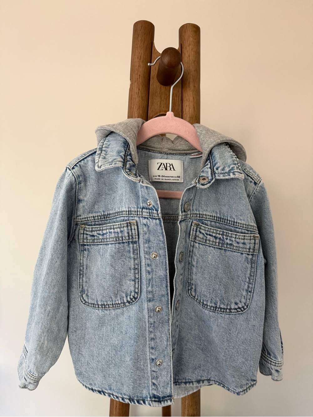 Zara Baby Hooded Denim Jacket Light Wash Snap Front Size 18-24 Months